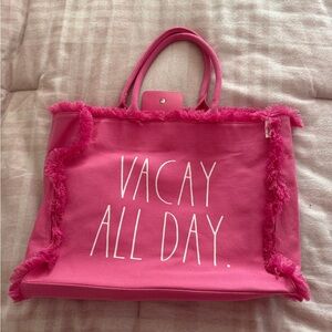 Rae Dunn Pink Tote with Fringe and 'Vacay All Day' Print